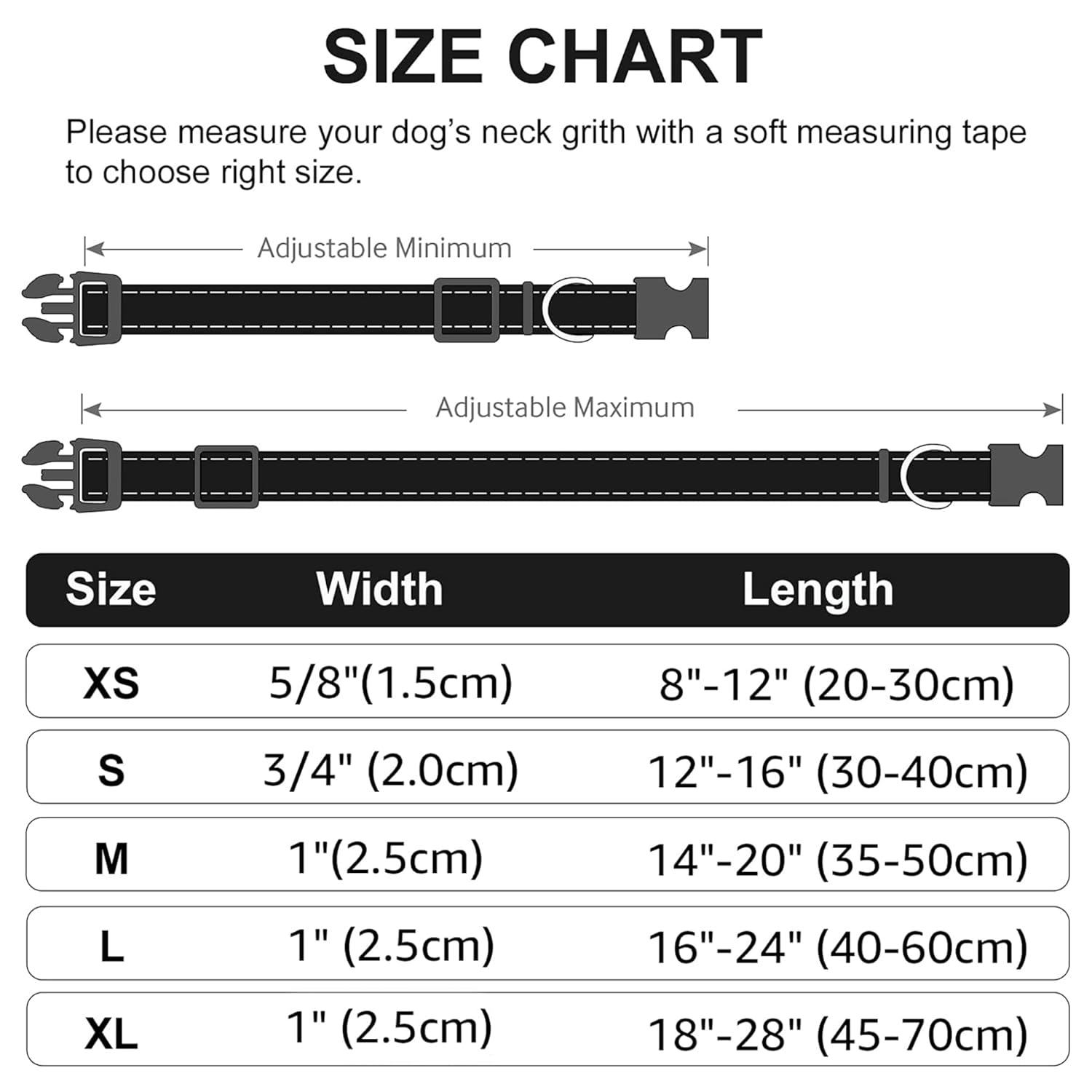 Size Chart For - WOOFLIX Reflective Dog Leash And Collar Set - Black